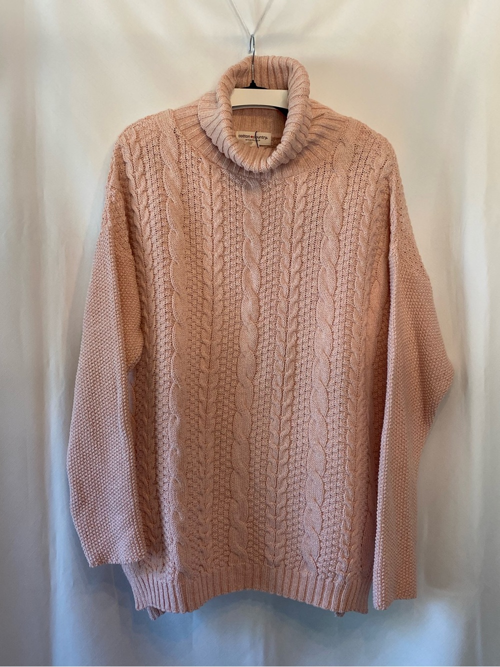 Cotton Country By Parkhurst Pale Pink Cable knit Turtleneck Fisherman Sweater L